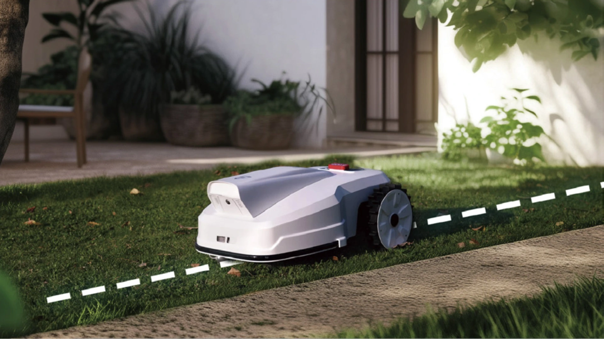 FV2000 robotgräsklippare arbetar automatiskt på gräsmatta vid hus