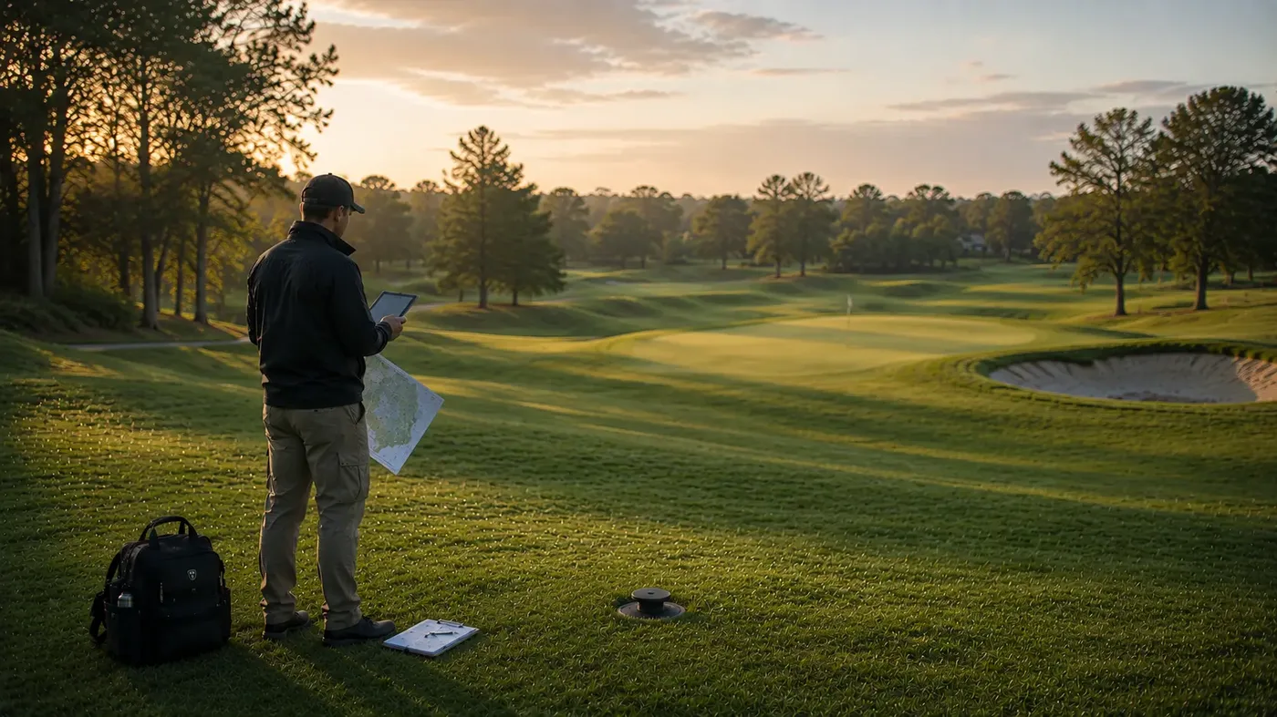 Greenkeeper planerar på golfbana i gryningen