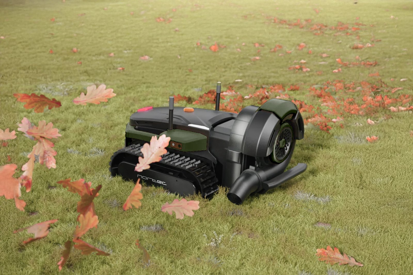 Nortec Explore X1 med Blow-modul blåser löv på gräsmatta