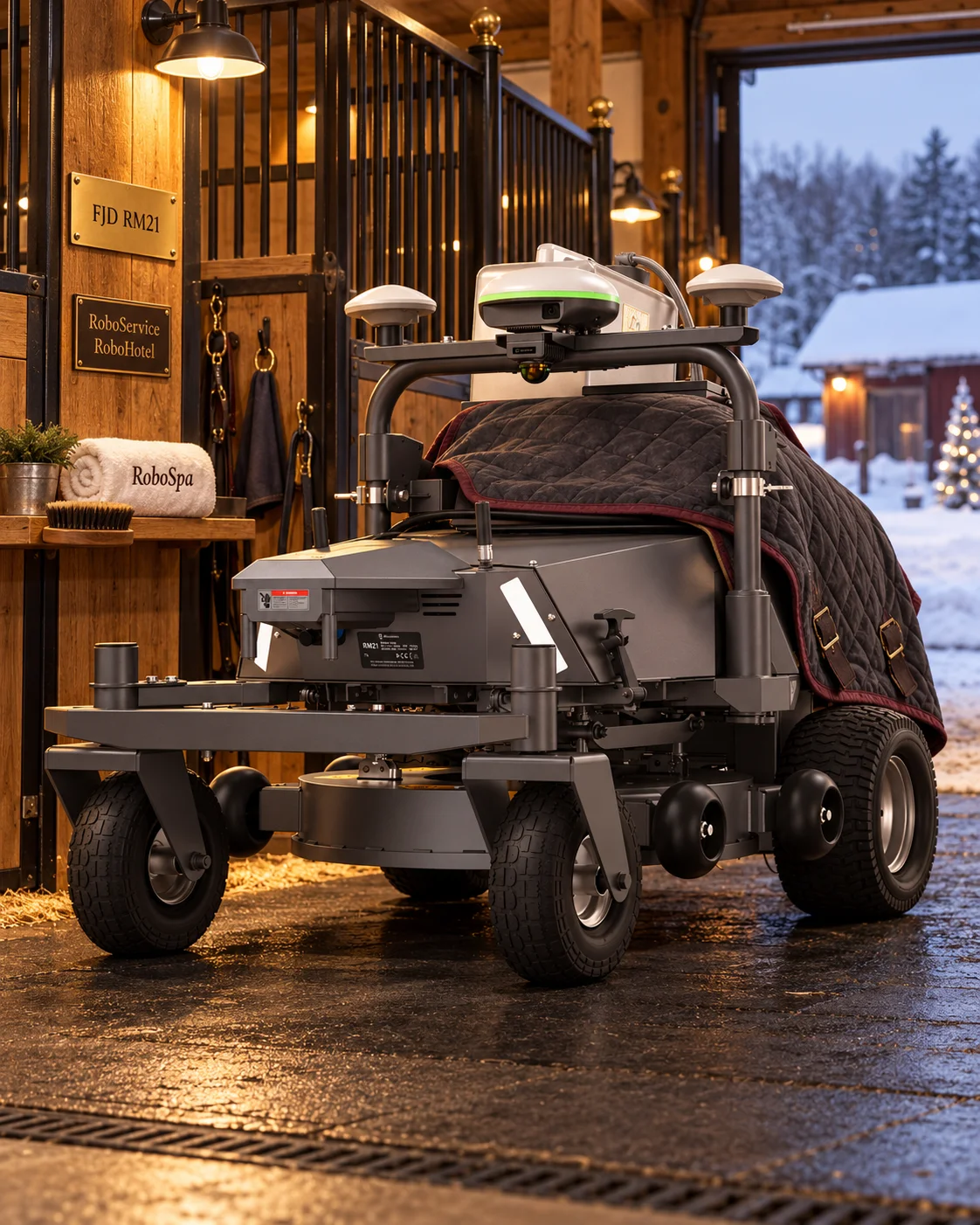Robotgräsklippare i vinterförvaring på RoboService RoboHotel