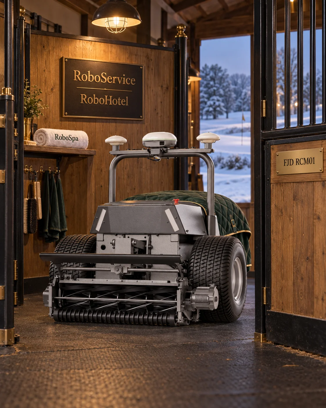 FJD RCM01 robotgräsklippare i vinterförvaring på RoboService RoboHotel, RoboSpa-stallmiljö