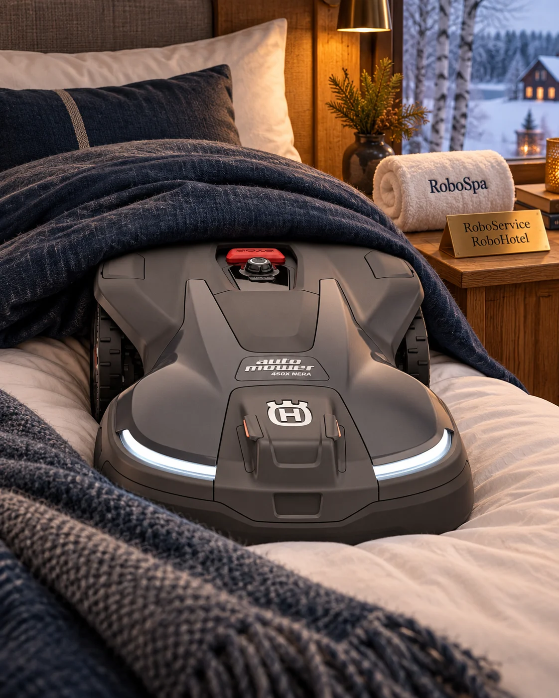 Husqvarna Automower 450X NERA robotgräsklippare i vinterförvaring på RoboService RoboHotel