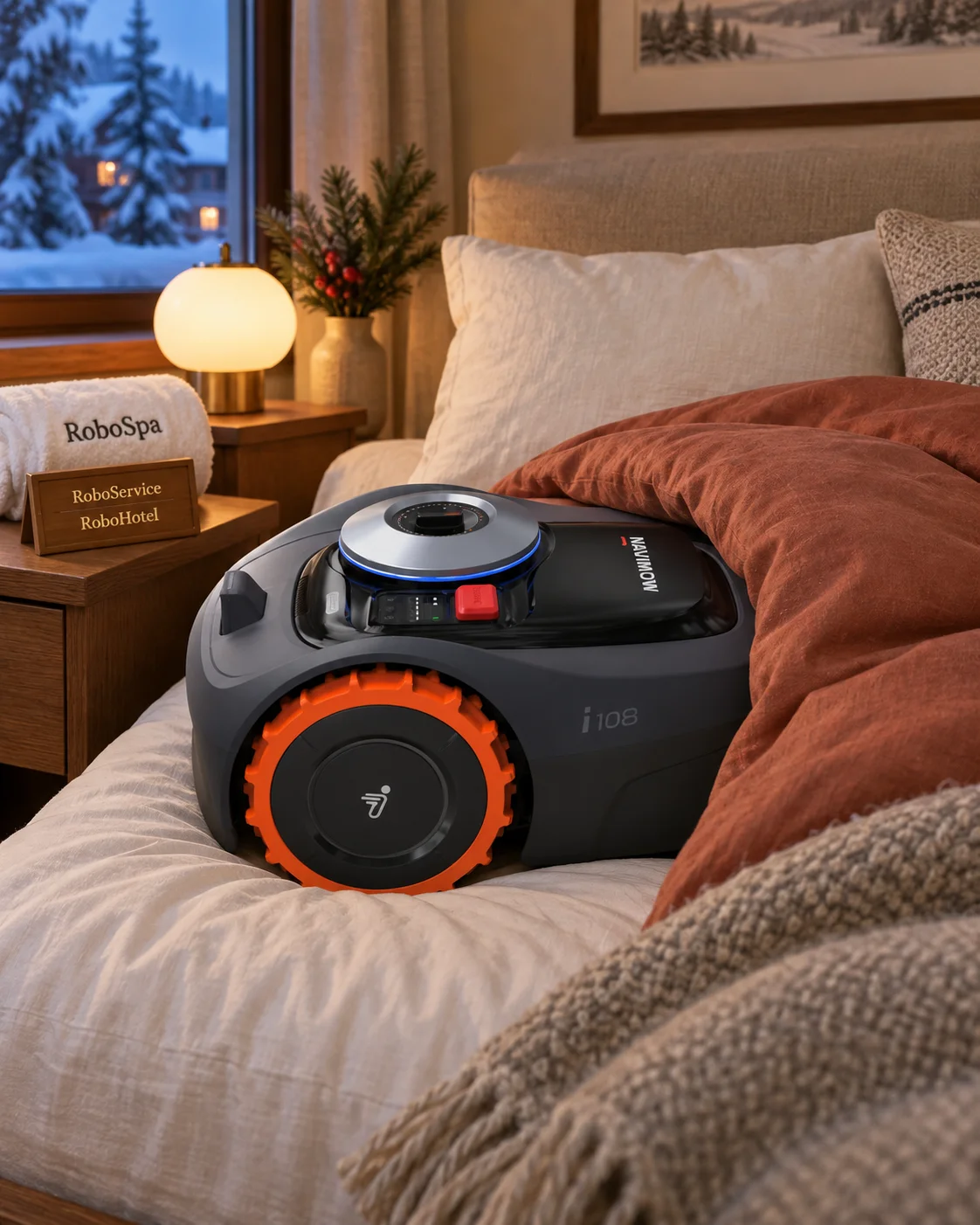Segway Navimow i108 robotgräsklippare i vinterförvaring på RoboService RoboHotel