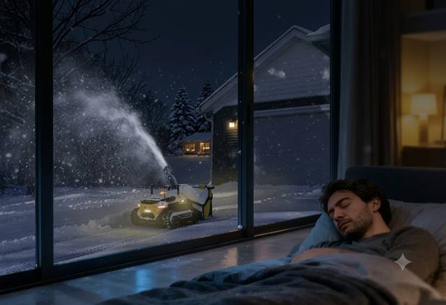 Robot clearing snow at night while owner sleeps