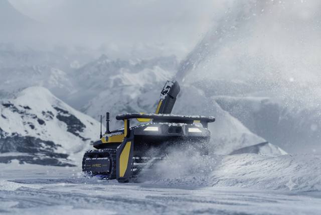 Robot clearing snow in a mountain blizzard