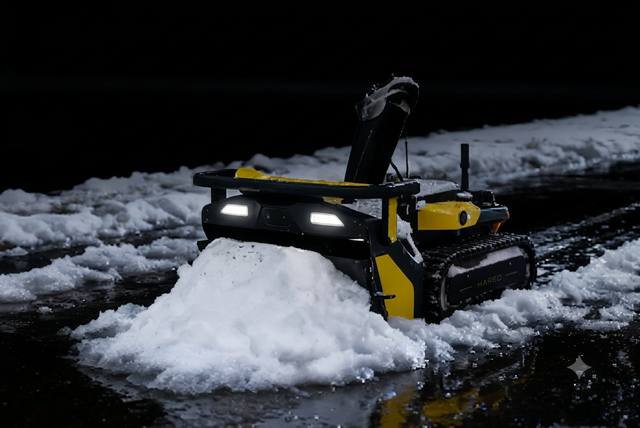 Robot with plow blade pushing through wet snow at night