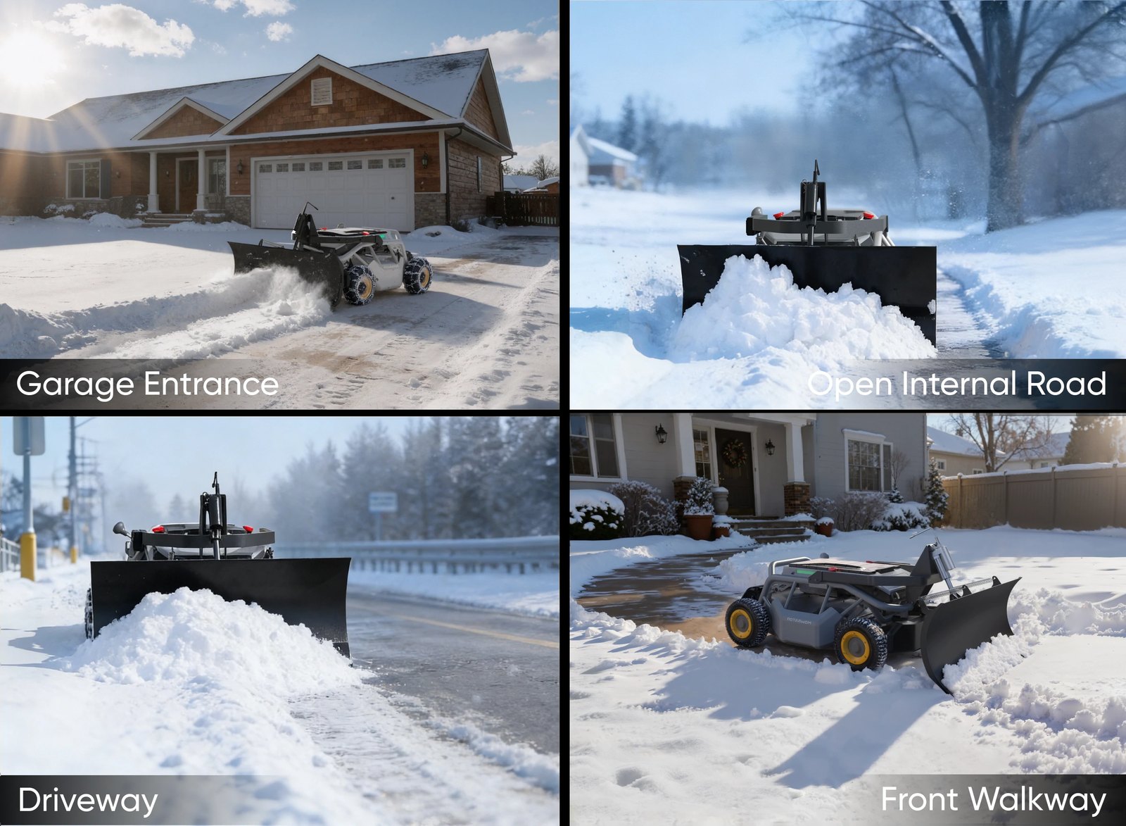 Mowrator snöplog vid garageinfart, privat väg, uppfart och entrégång