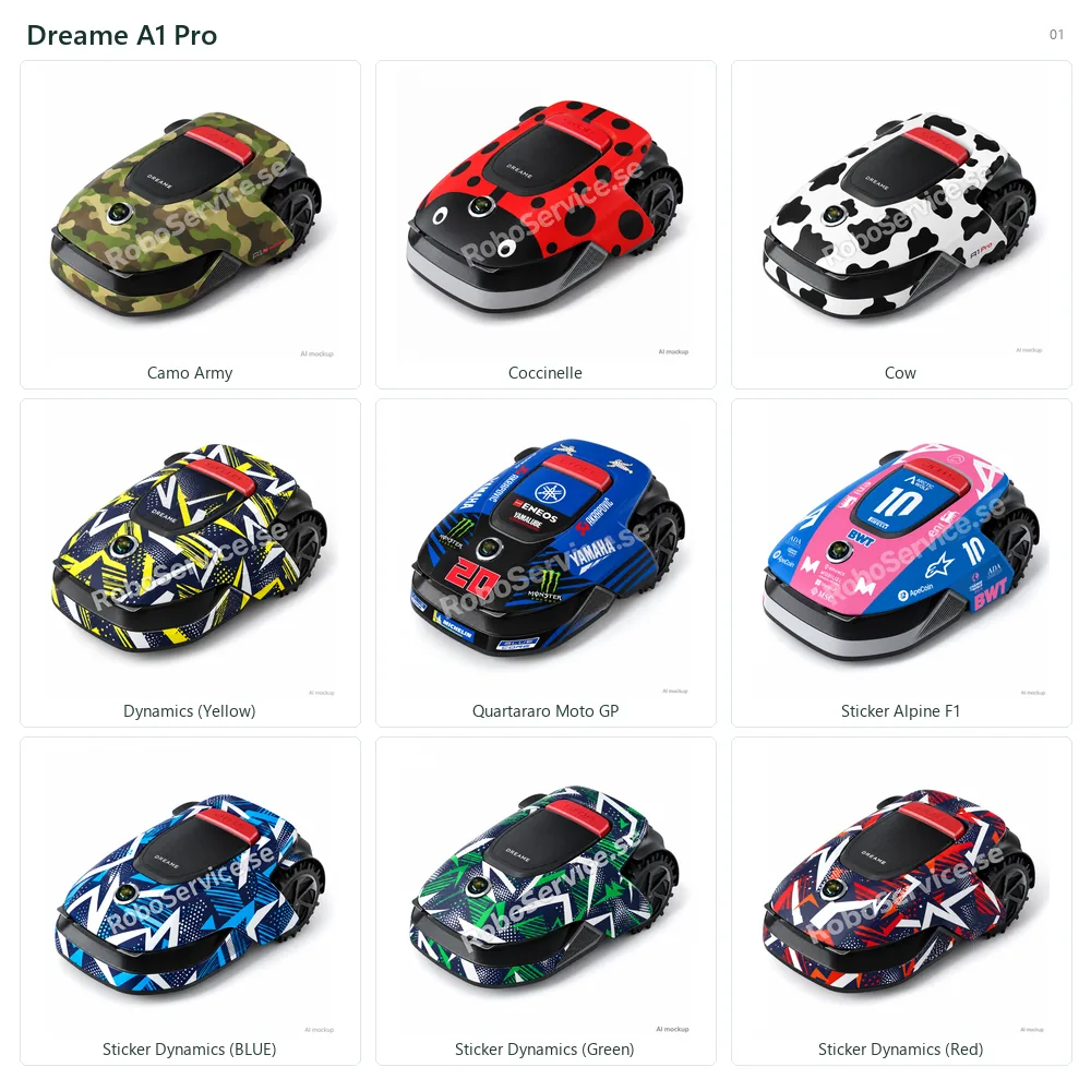 Collage of 9 AI mockups of Dreame A1 Pro: Camo Army, Coccinelle, Cow, Dynamics (Yellow), Quartararo Moto GP, Sticker Alpine F1, Sticker Dynamics (BLUE), Sticker Dynamics (Green), Sticker Dynamics (Red).