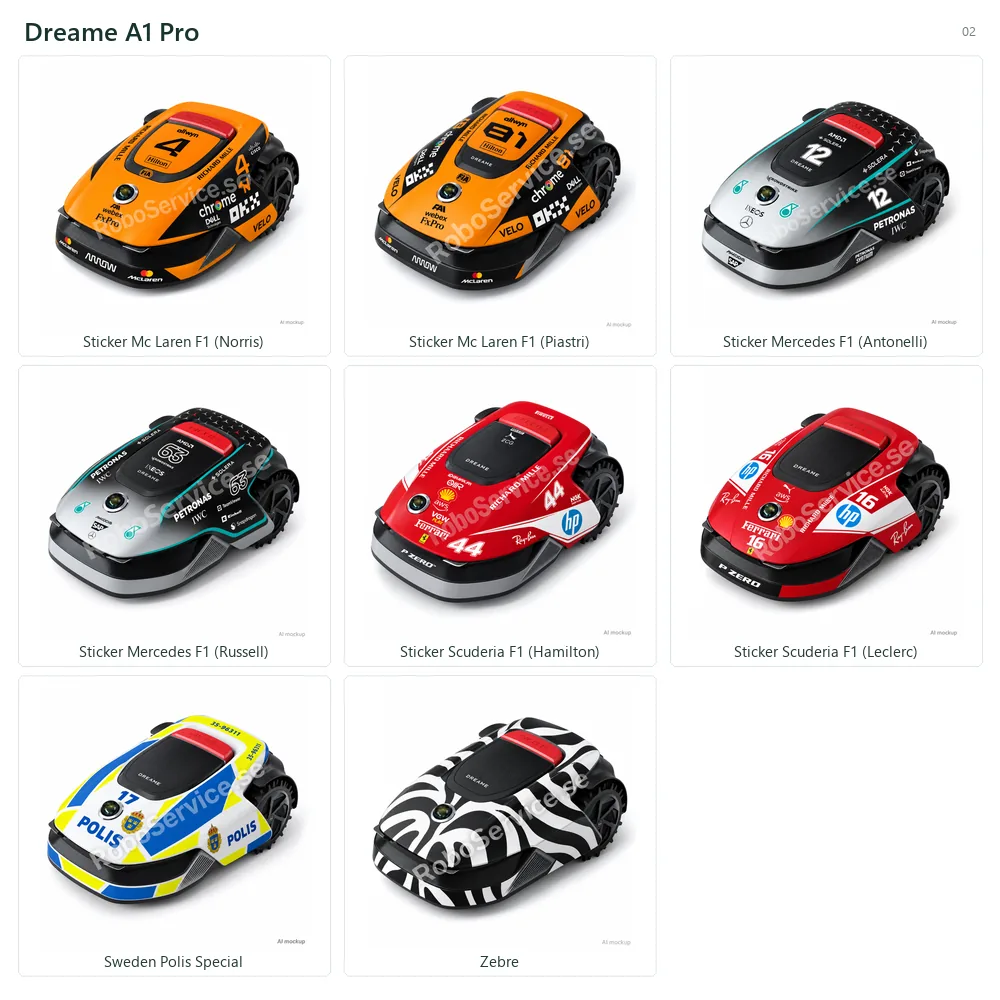 Collage of 8 AI mockups of Dreame A1 Pro: Sticker Mc Laren F1 (Norris), Sticker Mc Laren F1 (Piastri), Sticker Mercedes F1 (Antonelli), Sticker Mercedes F1 (Russell), Sticker Scuderia F1 (Hamilton), Sticker Scuderia F1 (Leclerc), Sweden Polis Special, Zebre.