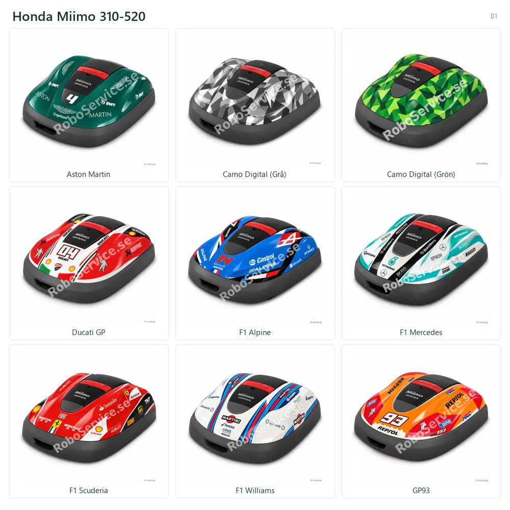 Collage of 9 AI mockups of Honda Miimo 310-520: Aston Martin, Camo Digital  (Grå), Camo Digital  (Grön), Ducati GP, F1 Alpine, F1 Mercedes, F1 Scuderia, F1 Williams, GP93.