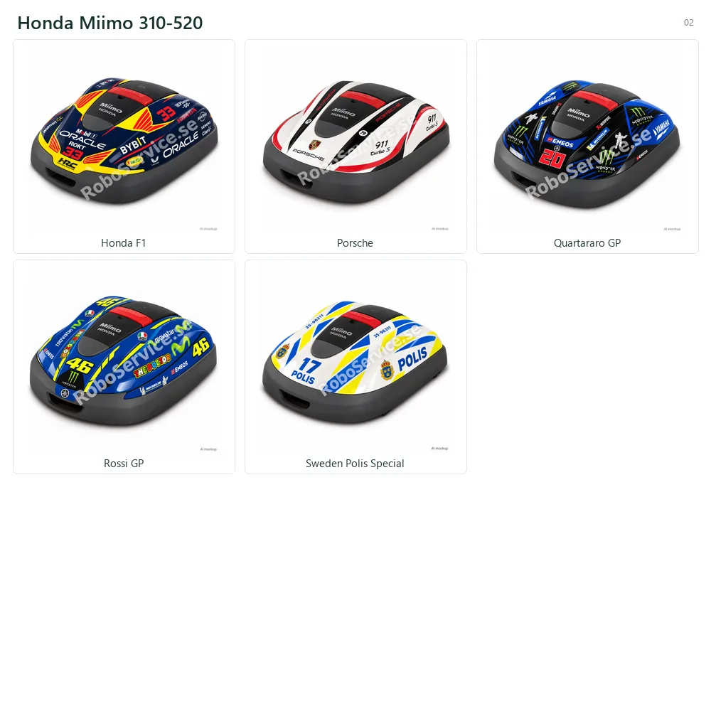 Collage of 5 AI mockups of Honda Miimo 310-520: Honda F1, Porsche, Quartararo GP, Rossi GP, Sweden Polis Special.