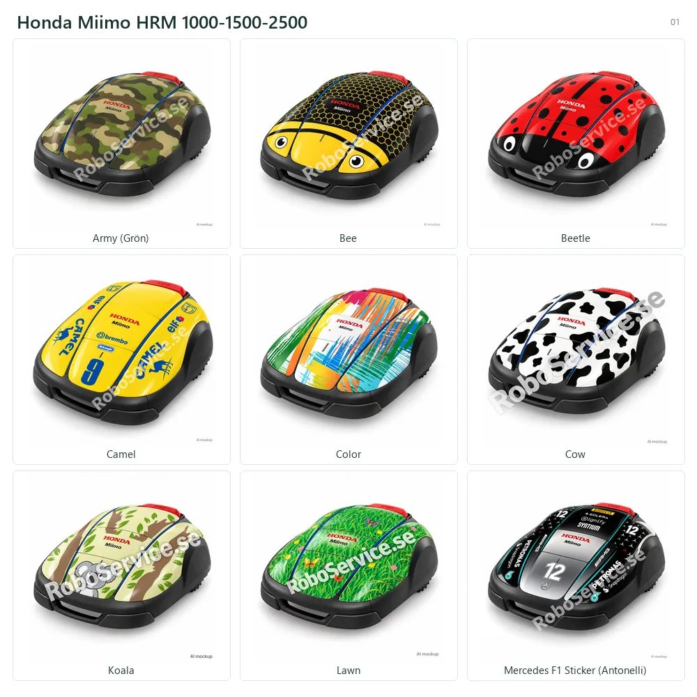 Collage of 9 AI mockups of Honda Miimo HRM 1000-1500-2500: Army  (Grön), Bee, Beetle, Camel, Color, Cow, Koala, Lawn, Mercedes F1 Sticker (Antonelli).
