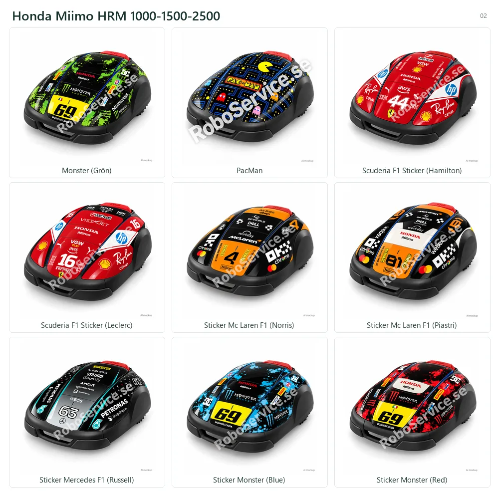 Collage of 9 AI mockups of Honda Miimo HRM 1000-1500-2500: Monster  (Grön), PacMan, Scuderia F1 Sticker (Hamilton), Scuderia F1 Sticker (Leclerc), Sticker Mc Laren F1 (Norris), Sticker Mc Laren F1 (Piastri), Sticker Mercedes F1 (Russell), Sticker Monster (Blue), Sticker Monster (Red).