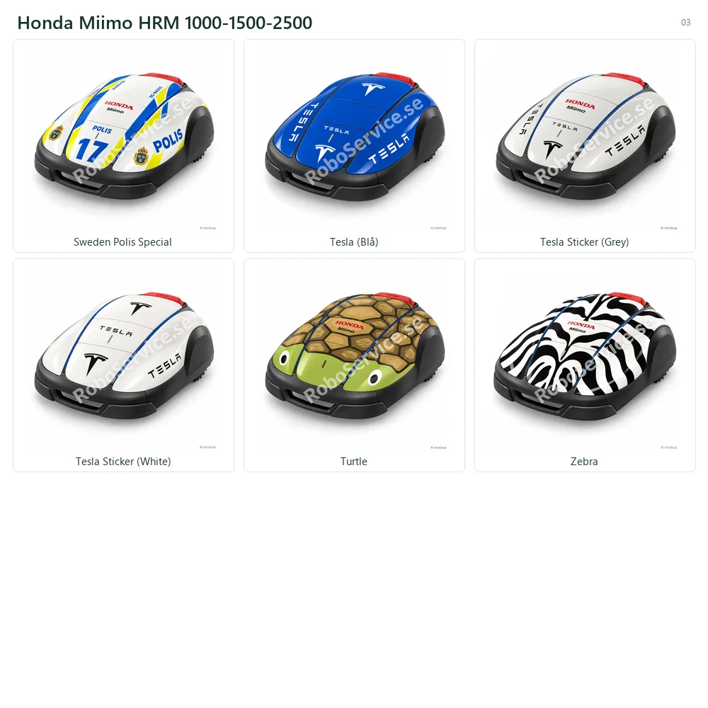 Collage of 6 AI mockups of Honda Miimo HRM 1000-1500-2500: Sweden Polis Special, Tesla  (Blå), Tesla Sticker (Grey), Tesla Sticker (White), Turtle, Zebra.