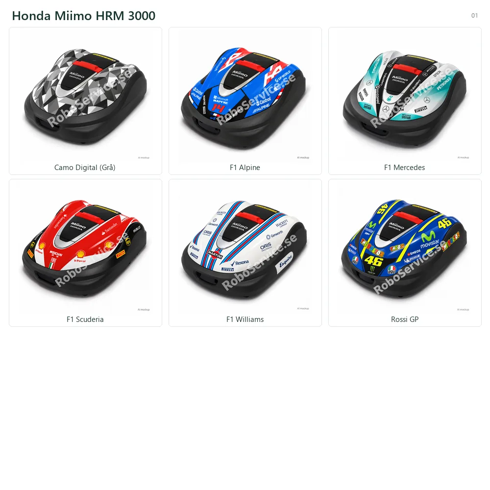 Collage of 6 AI mockups of Honda Miimo HRM 3000: Camo Digital  (Grå), F1 Alpine, F1 Mercedes, F1 Scuderia, F1 Williams, Rossi GP.