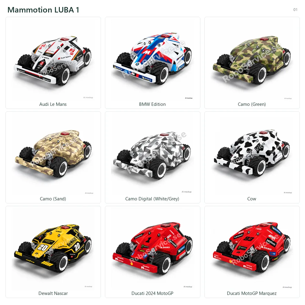 Collage of 9 AI mockups of Mammotion LUBA 1: Audi Le Mans, BMW Edition, Camo (Green), Camo (Sand), Camo Digital (White/Grey), Cow, Dewalt Nascar, Ducati 2024 MotoGP, Ducati MotoGP Marquez.