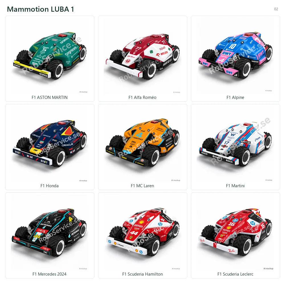 Collage of 9 AI mockups of Mammotion LUBA 1: F1 ASTON MARTIN, F1 Alfa Roméo, F1 Alpine, F1 Honda, F1 MC Laren, F1 Martini, F1 Mercedes 2024, F1 Scuderia Hamilton, F1 Scuderia Leclerc.