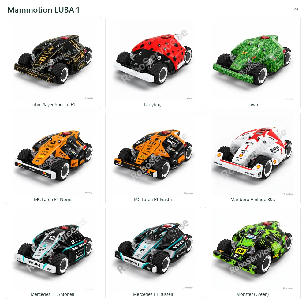Collage of 9 AI mockups of Mammotion LUBA 1: John Player Special F1, Ladybug, Lawn, MC Laren F1 Norris, MC Laren F1 Piastri, Marlboro Vintage 80's, Mercedes F1 Antonelli, Mercedes F1 Russell, Monster (Green).