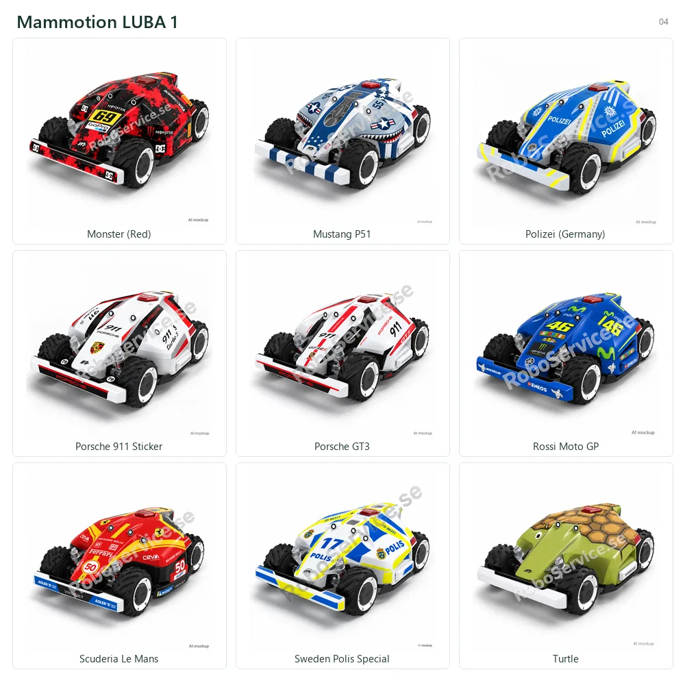 Collage of 9 AI mockups of Mammotion LUBA 1: Monster (Red), Mustang P51, Polizei (Germany), Porsche 911 Sticker, Porsche GT3, Rossi Moto GP, Scuderia Le Mans, Sweden Polis Special, Turtle.