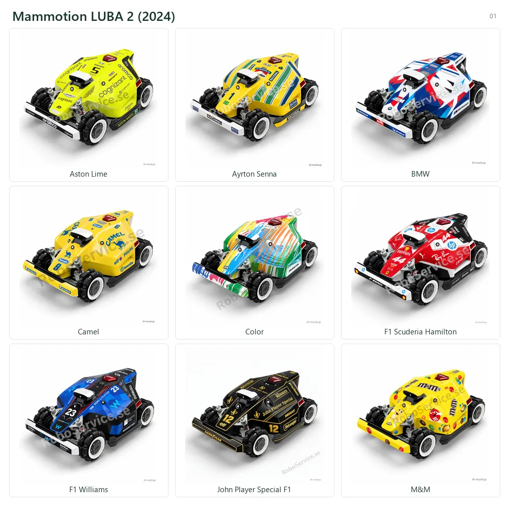 Collage of 9 AI mockups of Mammotion LUBA 2 (2024): Aston Lime, Ayrton Senna, BMW, Camel, Color, F1 Scuderia Hamilton, F1 Williams, John Player Special F1, M&M.