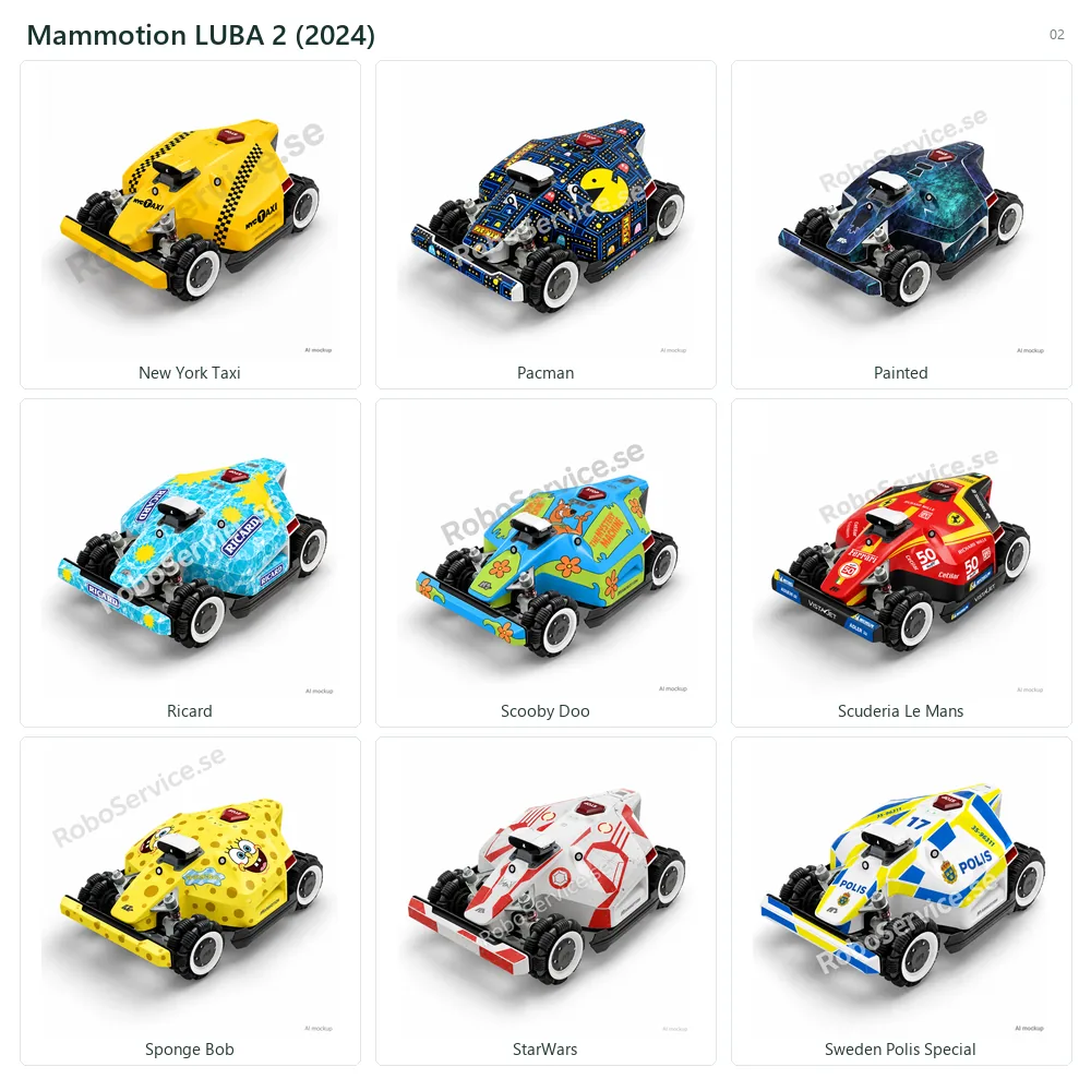Collage of 9 AI mockups of Mammotion LUBA 2 (2024): New York Taxi, Pacman, Painted, Ricard, Scooby Doo, Scuderia Le Mans, Sponge Bob, StarWars, Sweden Polis Special.
