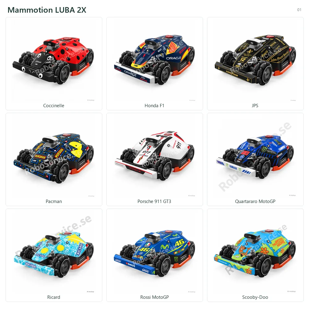 Collage of 9 AI mockups of Mammotion LUBA 2X: Coccinelle, Honda F1, JPS, Pacman, Porsche 911 GT3, Quartararo MotoGP, Ricard, Rossi MotoGP, Scooby-Doo.