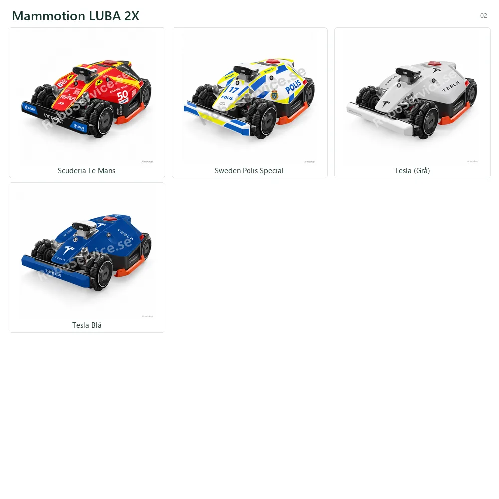 Collage of 4 AI mockups of Mammotion LUBA 2X: Scuderia Le Mans, Sweden Polis Special, Tesla  (Grå), Tesla Blå.