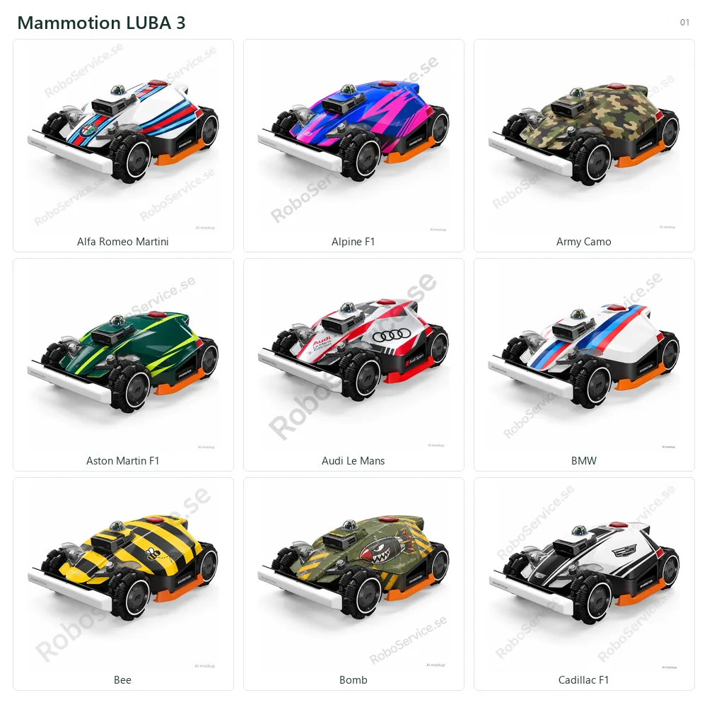 Collage of 9 AI mockups of Mammotion LUBA 3: Alfa Romeo Martini, Alpine F1, Army Camo, Aston Martin F1, Audi Le Mans, BMW, Bee, Bomb, Cadillac F1.