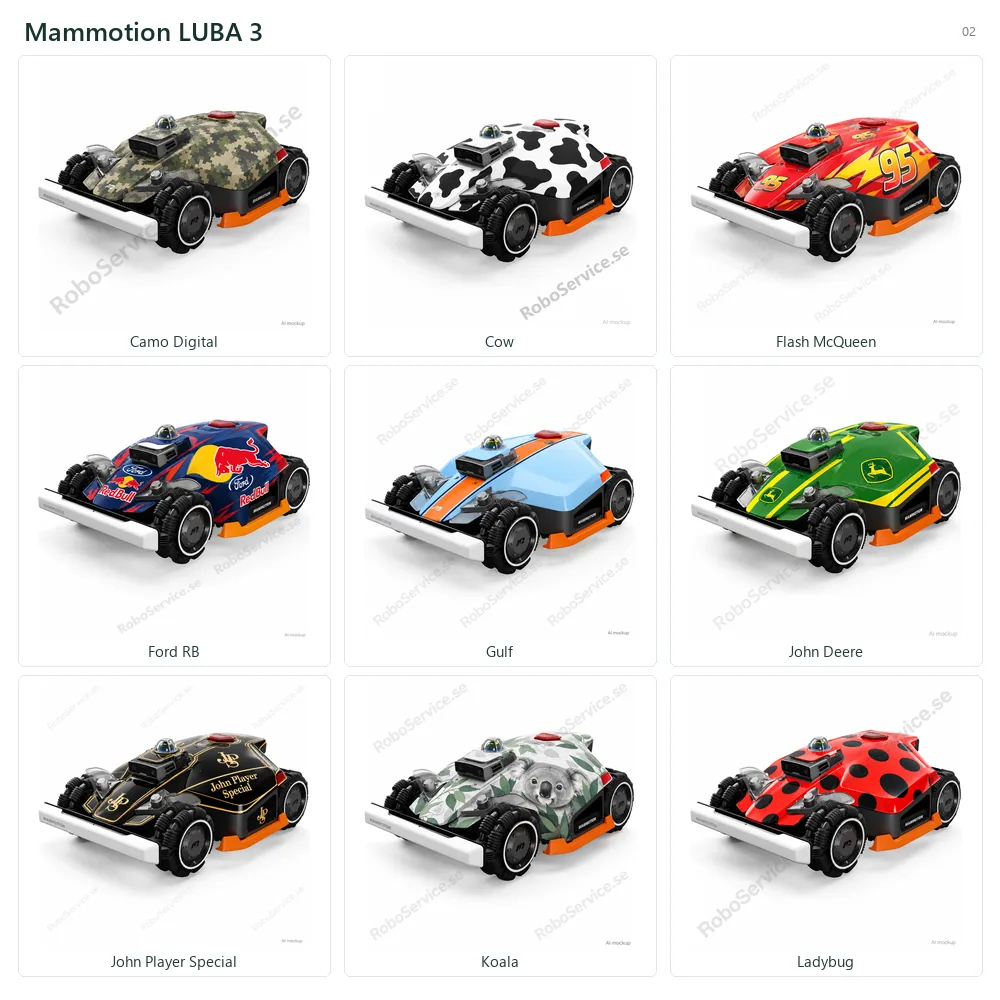 Kollage med 9 AI-mockups av Mammotion LUBA 3: Camo Digital, Cow, Flash McQueen, Ford RB, Gulf, John Deere, John Player Special, Koala, Ladybug.