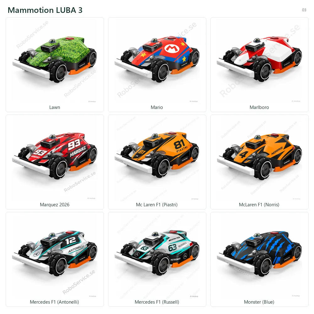 Kollage med 9 AI-mockups av Mammotion LUBA 3: Lawn, Mario, Marlboro, Marquez 2026, Mc Laren F1 (Piastri), McLaren F1 (Norris), Mercedes F1 (Antonelli), Mercedes F1 (Russell), Monster (Blue).