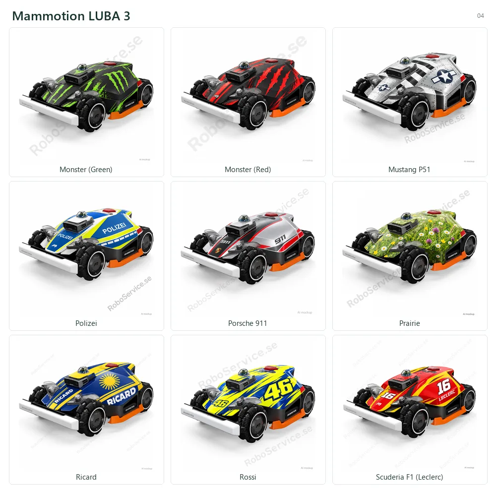 Kollage med 9 AI-mockups av Mammotion LUBA 3: Monster (Green), Monster (Red), Mustang P51, Polizei, Porsche 911, Prairie, Ricard, Rossi, Scuderia F1 (Leclerc).