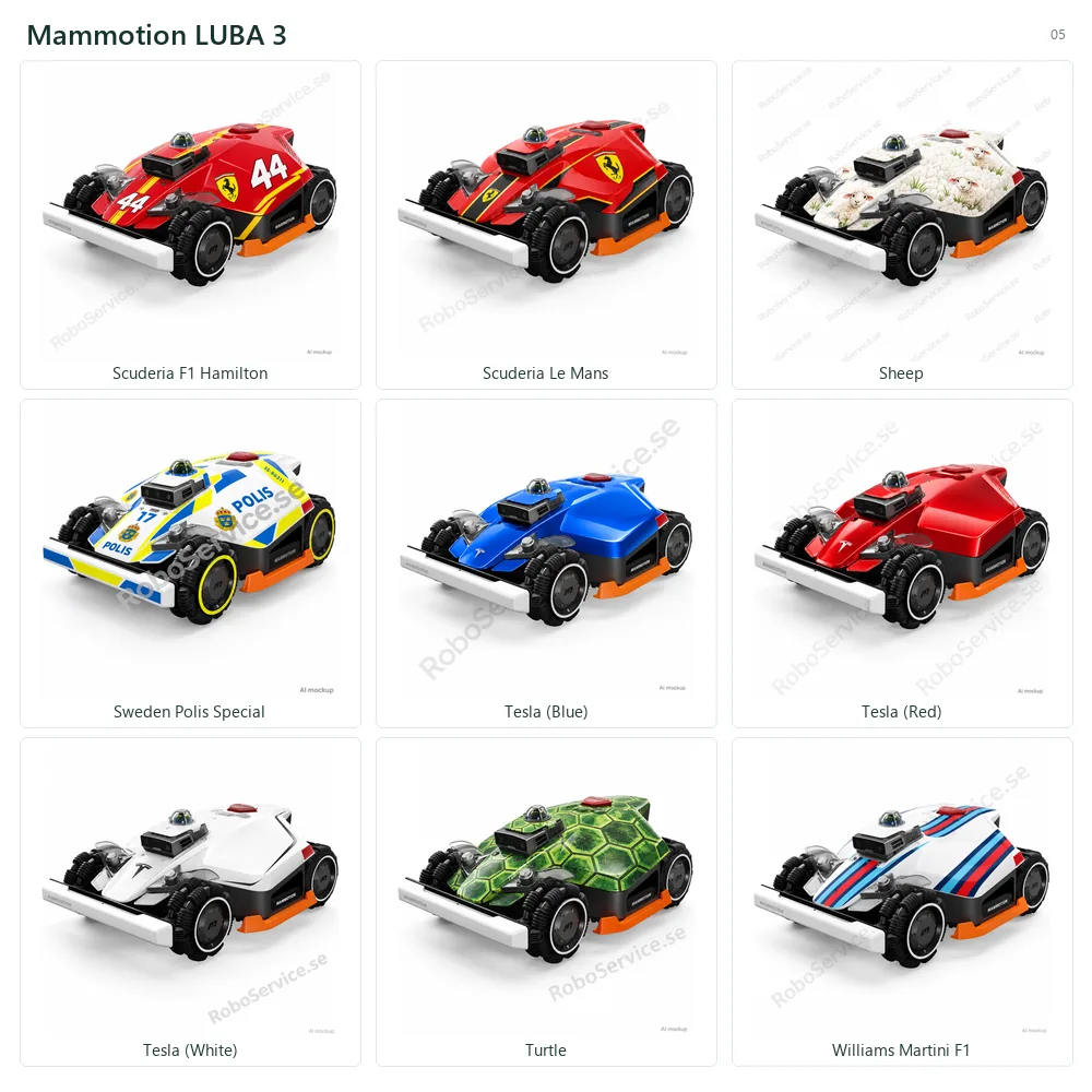 Kollage med 9 AI-mockups av Mammotion LUBA 3: Scuderia F1 Hamilton, Scuderia Le Mans, Sheep, Sweden Polis Special, Tesla (Blue), Tesla (Red), Tesla (White), Turtle, Williams Martini F1.