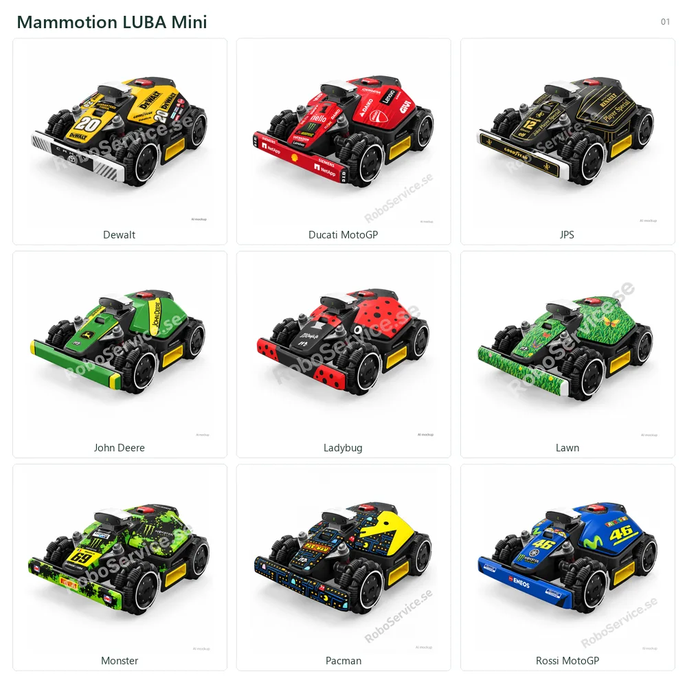 Collage of 9 AI mockups of Mammotion LUBA Mini: Dewalt, Ducati MotoGP, JPS, John Deere, Ladybug, Lawn, Monster, Pacman, Rossi MotoGP.