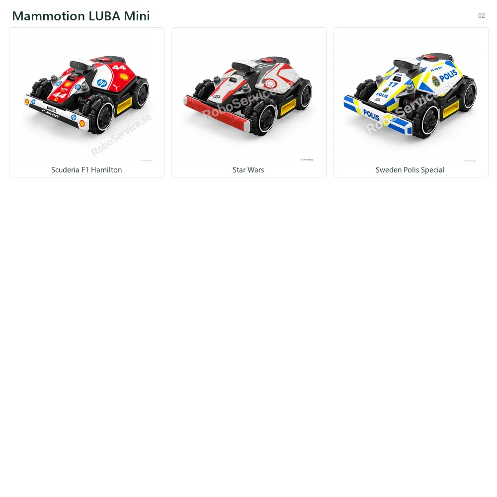 Kollage med 3 AI-mockups av Mammotion LUBA Mini: Scuderia F1 Hamilton, Star Wars, Sweden Polis Special.