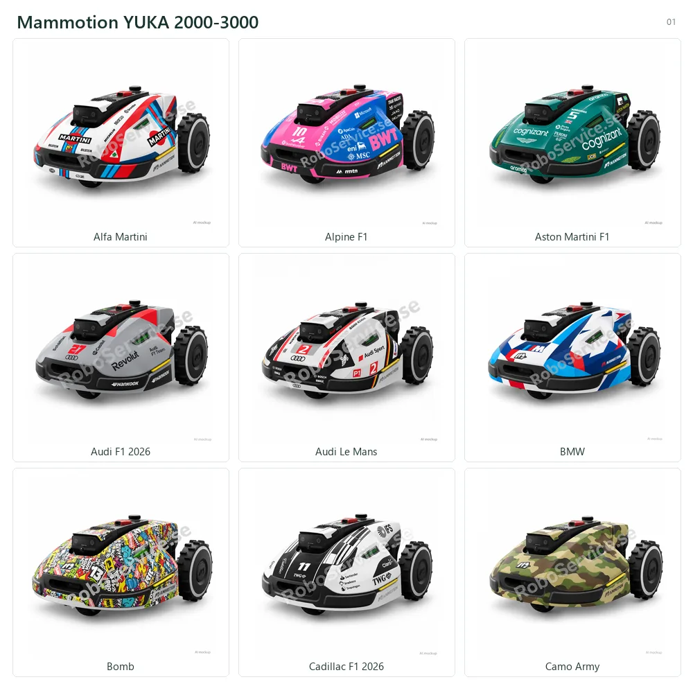 Collage of 9 AI mockups of Mammotion YUKA 2000-3000: Alfa Martini, Alpine F1, Aston Martini F1, Audi F1 2026, Audi Le Mans, BMW, Bomb, Cadillac F1 2026, Camo Army.