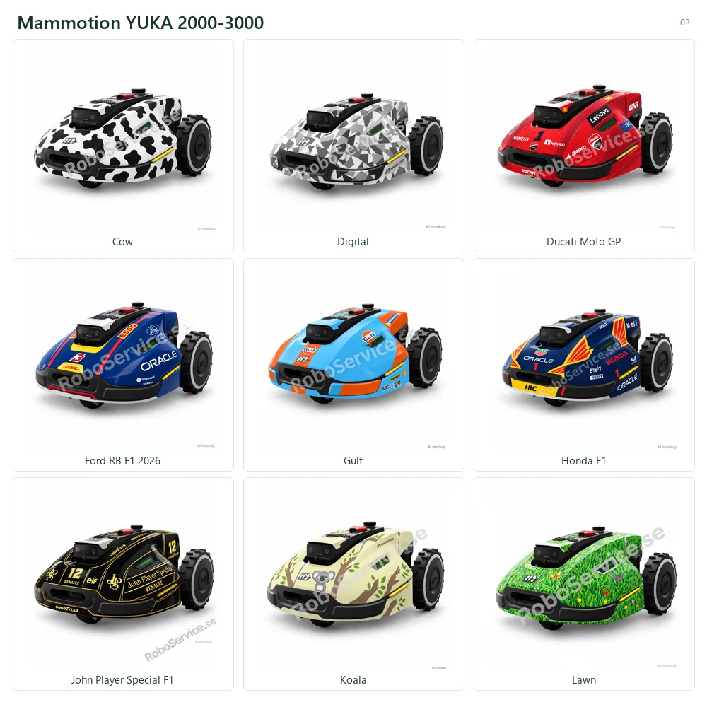 Collage of 9 AI mockups of Mammotion YUKA 2000-3000: Cow, Digital, Ducati Moto GP, Ford RB F1 2026, Gulf, Honda F1, John Player Special F1, Koala, Lawn.