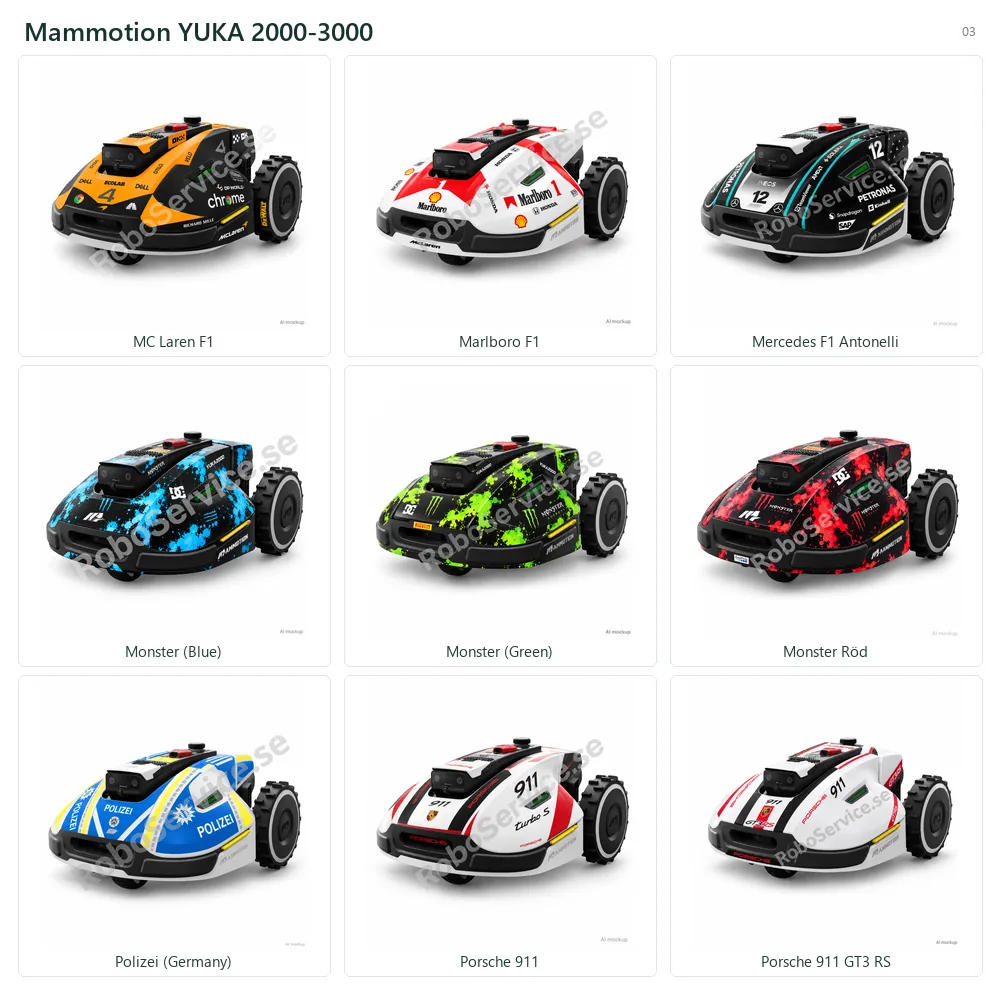 Collage of 9 AI mockups of Mammotion YUKA 2000-3000: MC Laren F1, Marlboro F1, Mercedes F1 Antonelli, Monster (Blue), Monster (Green), Monster Röd, Polizei (Germany), Porsche 911, Porsche 911 GT3 RS.