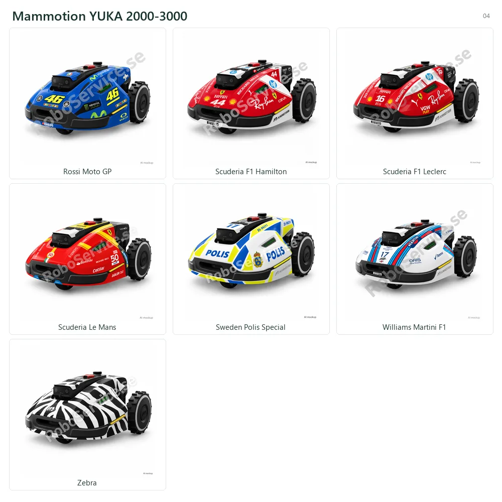 Collage of 7 AI mockups of Mammotion YUKA 2000-3000: Rossi Moto GP, Scuderia F1 Hamilton, Scuderia F1 Leclerc, Scuderia Le Mans, Sweden Polis Special, Williams Martini F1, Zebra.