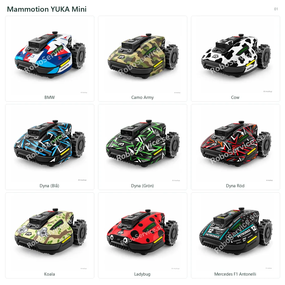 Collage of 9 AI mockups of Mammotion YUKA Mini: BMW, Camo Army, Cow, Dyna  (Blå), Dyna  (Grön), Dyna Röd, Koala, Ladybug, Mercedes F1 Antonelli.