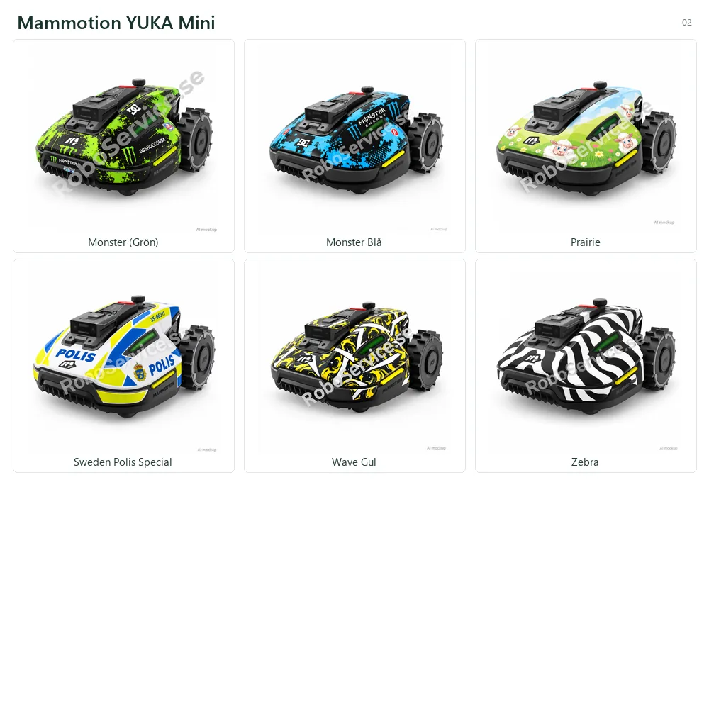 Kollage med 6 AI-mockups av Mammotion YUKA Mini: Monster  (Grön), Monster Blå, Prairie, Sweden Polis Special, Wave Gul, Zebra.