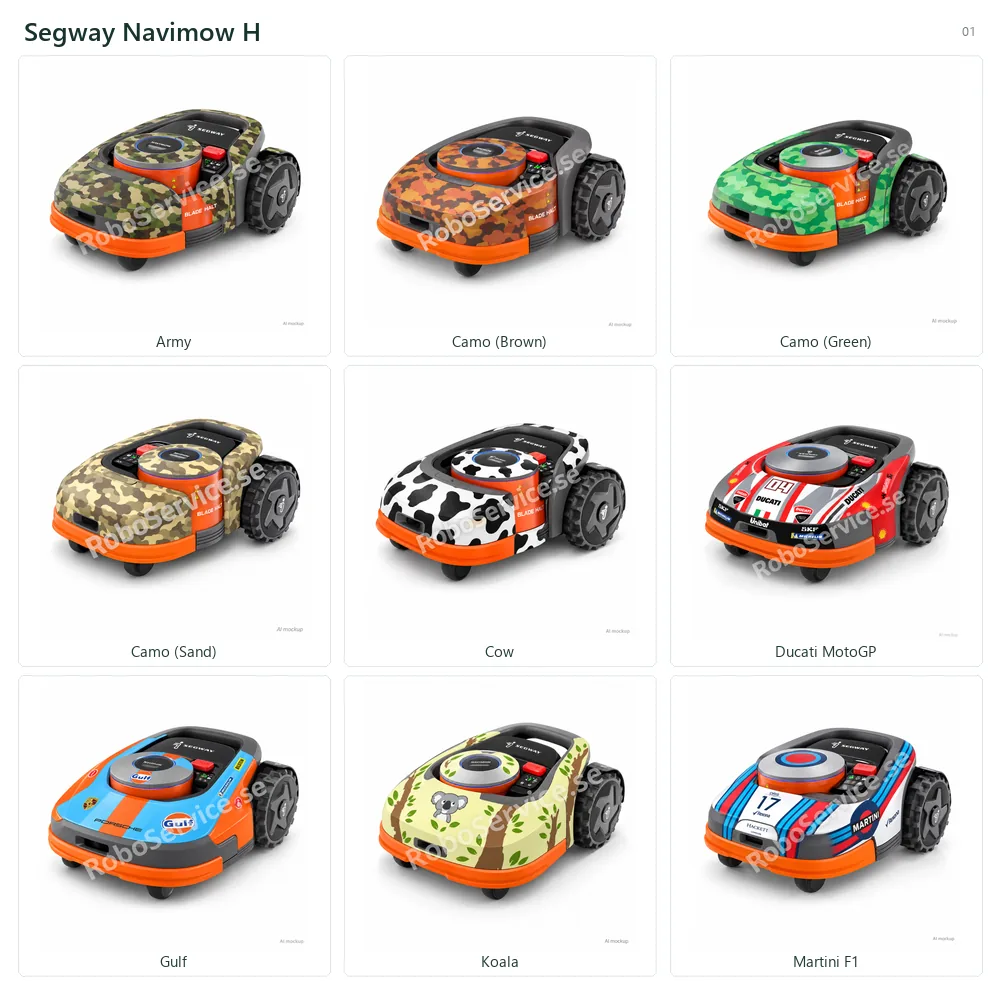 Collage of 9 AI mockups of Segway Navimow H: Army, Camo (Brown), Camo (Green), Camo (Sand), Cow, Ducati MotoGP, Gulf, Koala, Martini F1.
