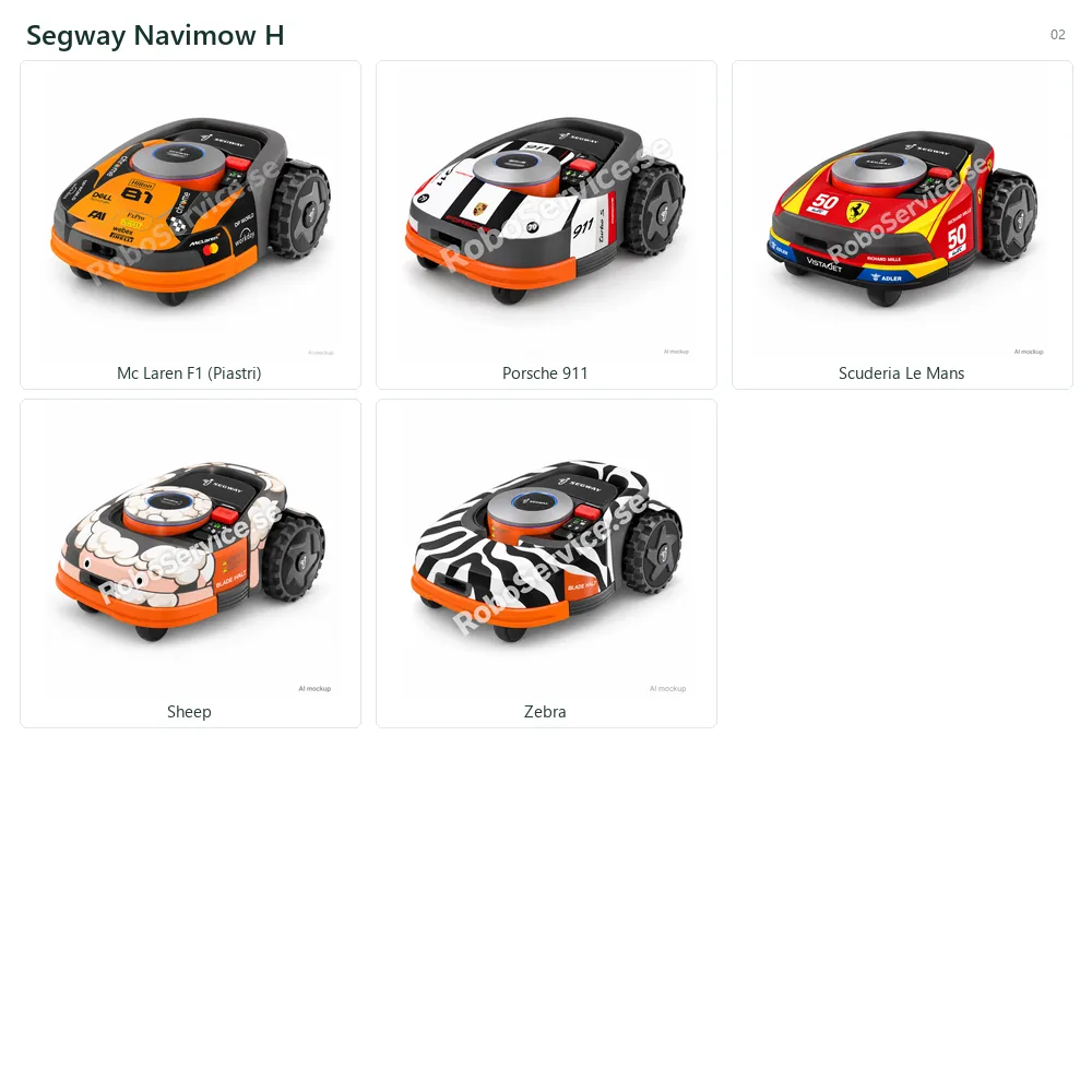 Collage of 5 AI mockups of Segway Navimow H: Mc Laren F1 (Piastri), Porsche 911, Scuderia Le Mans, Sheep, Zebra.