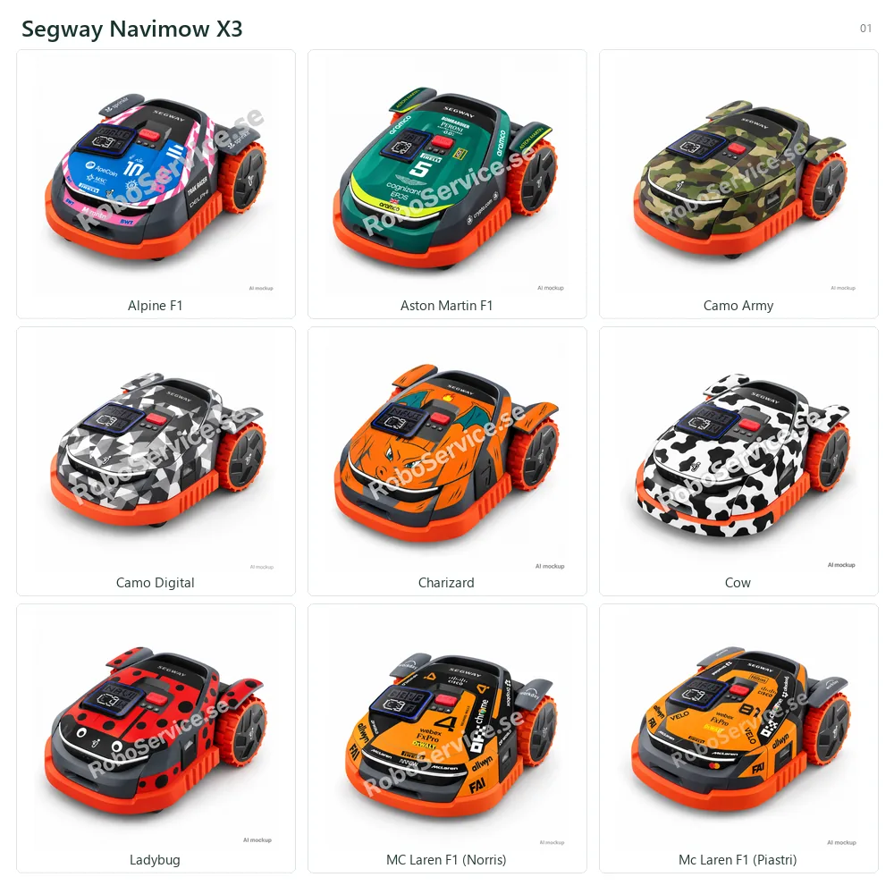 Collage of 9 AI mockups of Segway Navimow X3: Alpine F1, Aston Martin F1, Camo Army, Camo Digital, Charizard, Cow, Ladybug, MC Laren F1 (Norris), Mc Laren F1 (Piastri).