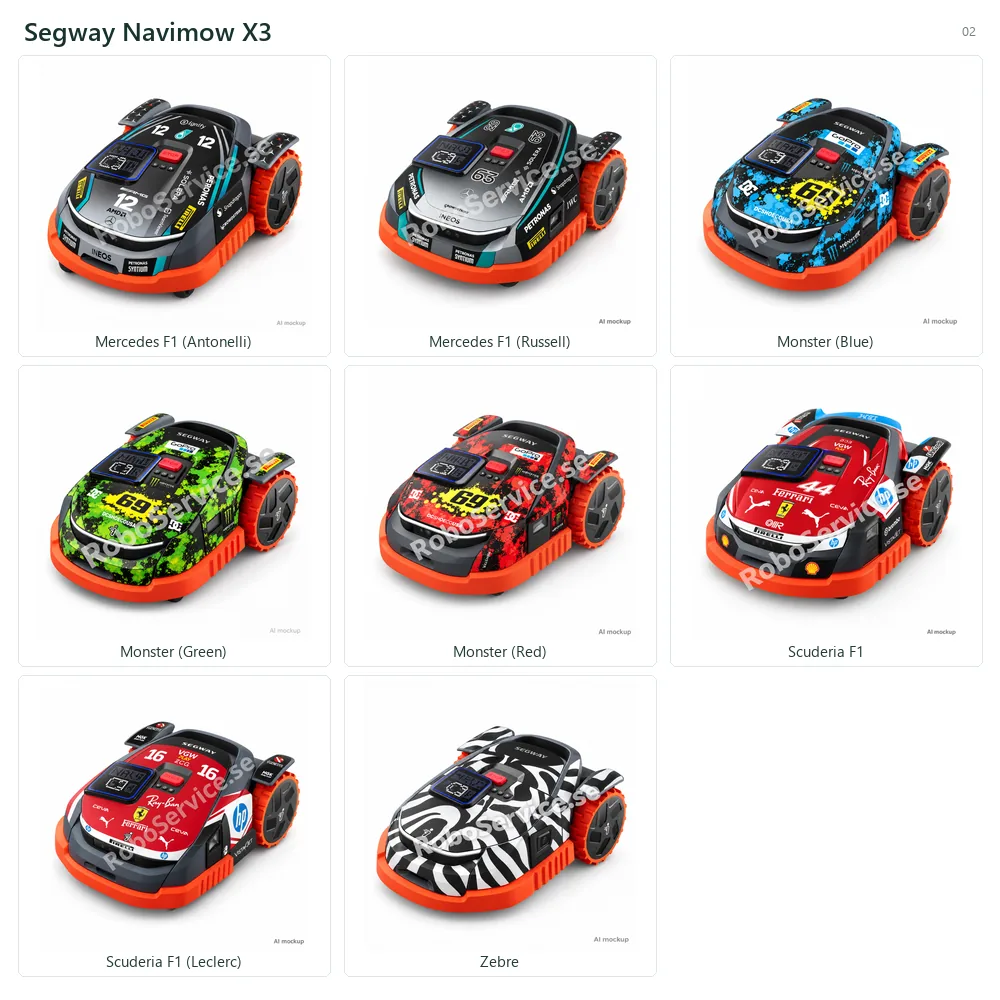 Collage of 8 AI mockups of Segway Navimow X3: Mercedes F1 (Antonelli), Mercedes F1 (Russell), Monster (Blue), Monster (Green), Monster (Red), Scuderia F1, Scuderia F1 (Leclerc), Zebre.
