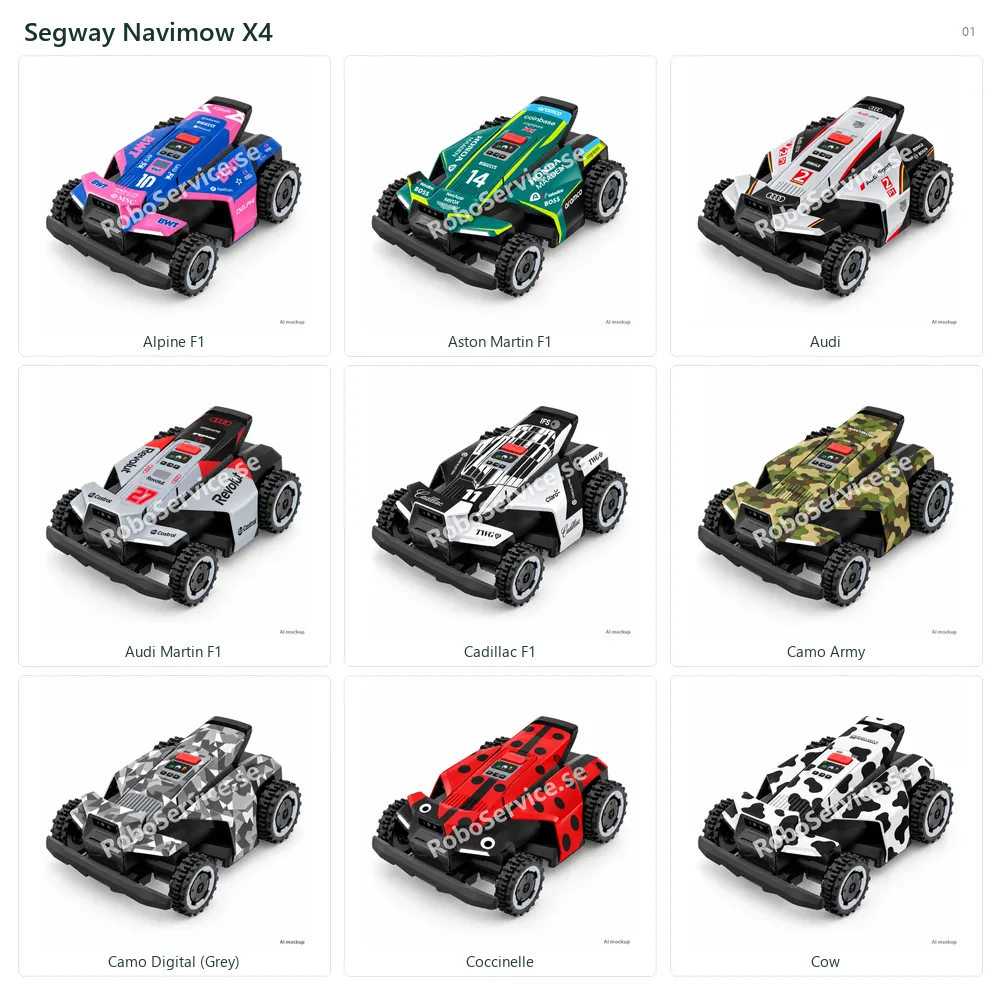 Collage of 9 AI mockups of Segway Navimow X4: Alpine F1, Aston Martin F1, Audi, Audi Martin F1, Cadillac F1, Camo Army, Camo Digital (Grey), Coccinelle, Cow.