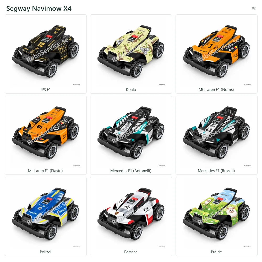 Collage of 9 AI mockups of Segway Navimow X4: JPS F1, Koala, MC Laren F1 (Norris), Mc Laren F1 (Piastri), Mercedes F1 (Antonelli), Mercedes F1 (Russell), Polizei, Porsche, Prairie.