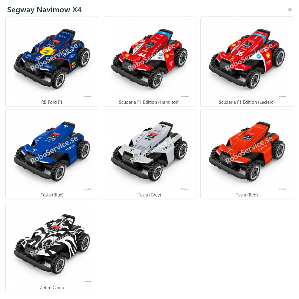 Collage of 7 AI mockups of Segway Navimow X4: RB Ford F1, Scuderia F1 Edition (Hamilton), Scuderia F1 Edition (Leclerc), Tesla (Blue), Tesla (Grey), Tesla (Red), Zebre Camo.
