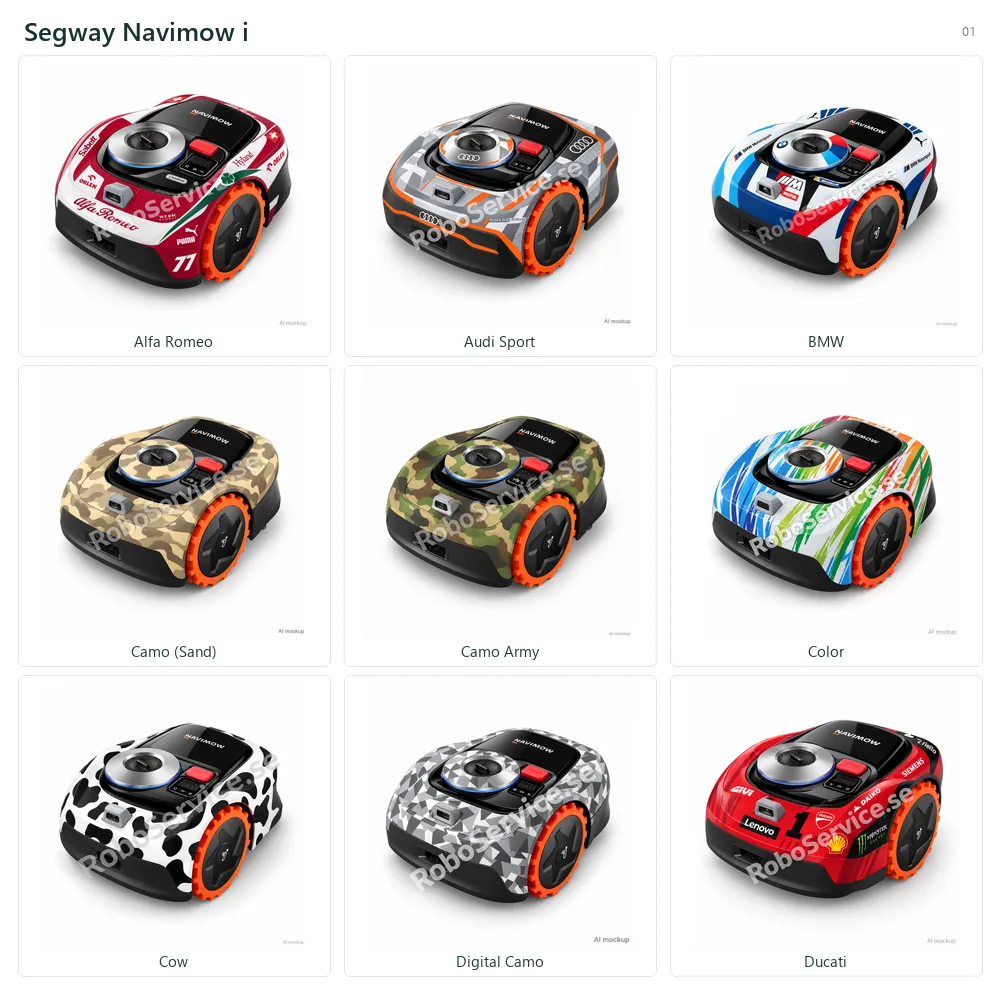 Collage of 9 AI mockups of Segway Navimow i: Alfa Romeo, Audi Sport, BMW, Camo (Sand), Camo Army, Color, Cow, Digital Camo, Ducati.