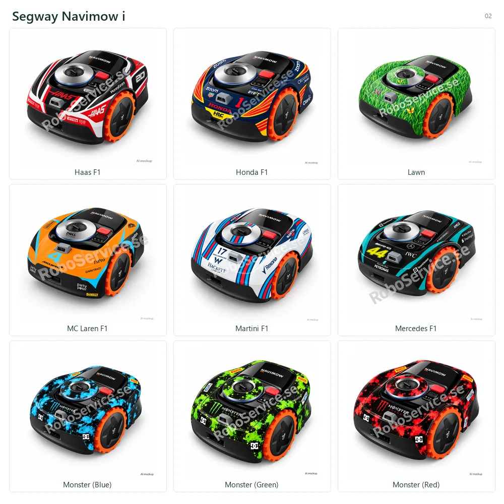 Collage of 9 AI mockups of Segway Navimow i: Haas F1, Honda F1, Lawn, MC Laren F1, Martini F1, Mercedes F1, Monster (Blue), Monster (Green), Monster (Red).