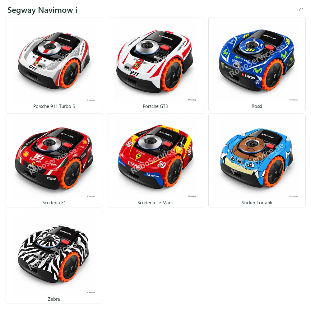 Collage of 7 AI mockups of Segway Navimow i: Porsche 911 Turbo S, Porsche GT3, Rossi, Scuderia F1, Scuderia Le Mans, Sticker Tortank, Zebra.